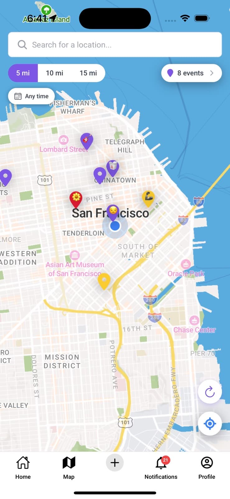 Avryq’s live discovery map with nearby events in San Francisco